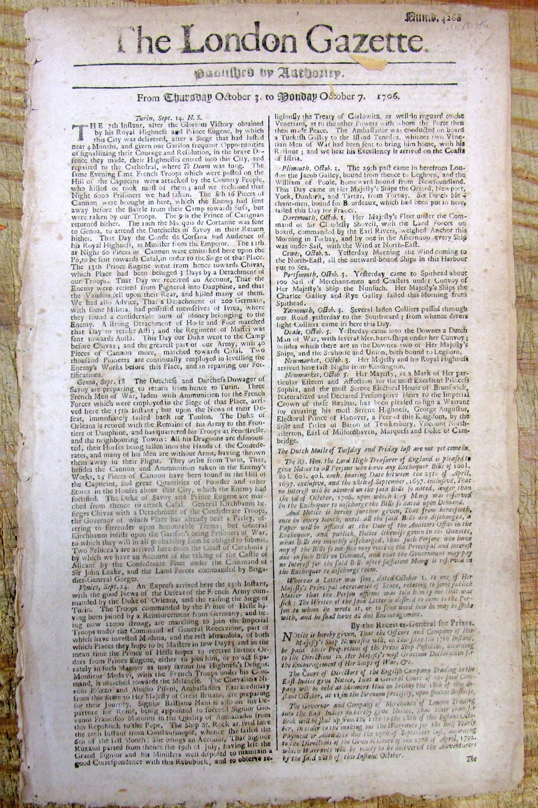 1706 newspaper w SIEGE OF TURIN Italy during The WAR OF THE SPANISH SUCCESSION