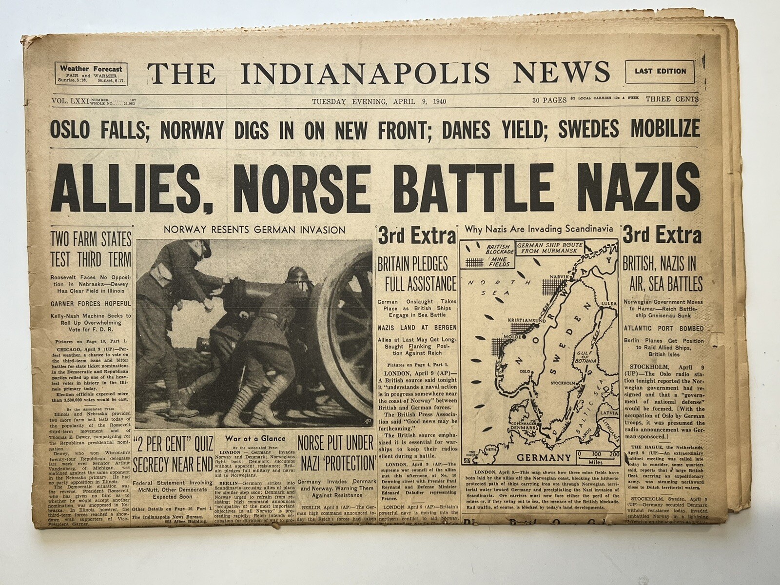 VTG 1940 WW2 Indianapolis News Orig Newspaper ALLIES, NORSE BATTLE Nazis Apr 9