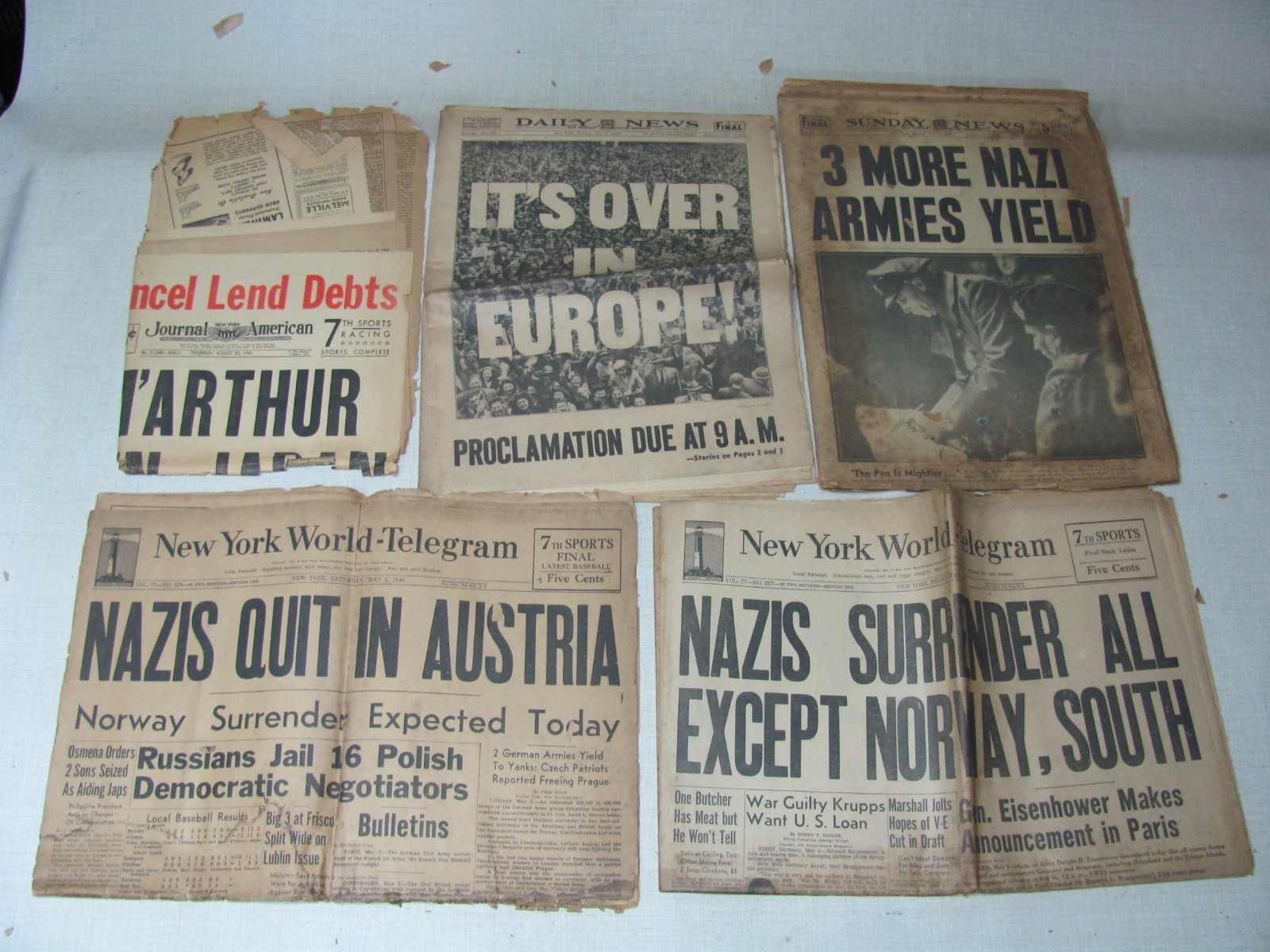 LOT OF NEW YORK NEWSPAPER WWII MAY 1945 NY WORLD TELEGRAM DAILY NEWS SUNDAY PLUS