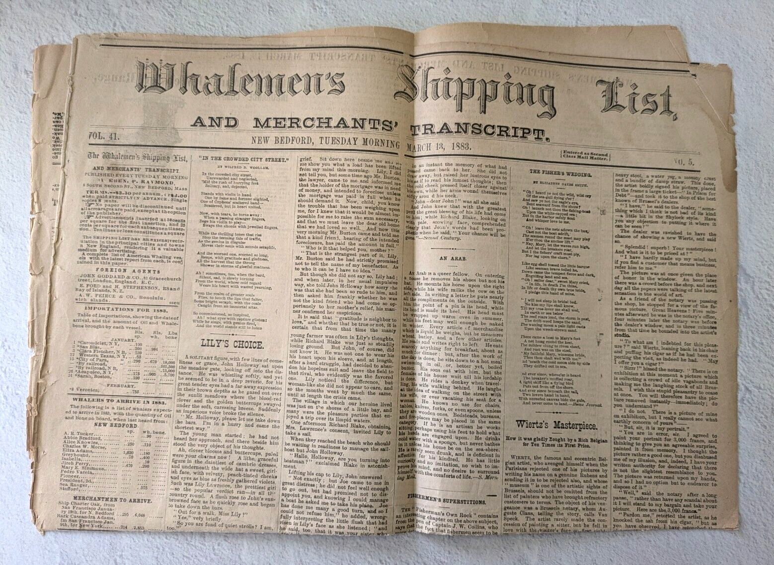 New Bedford March 13, 1883 Whalemen’s Shipping List newspaper, Whaling News