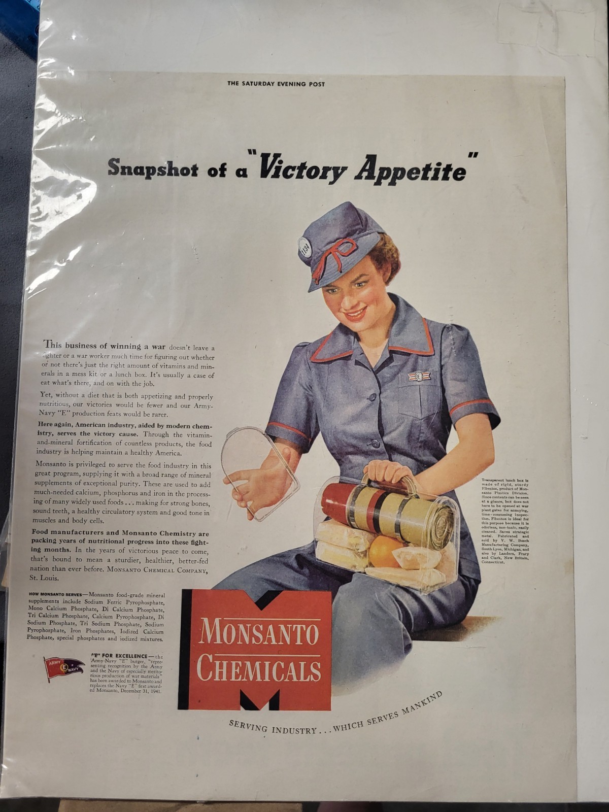 1940s WW2 Ad Saturday Evening Post MONSANTO Snapshot of a Victory Appetite
