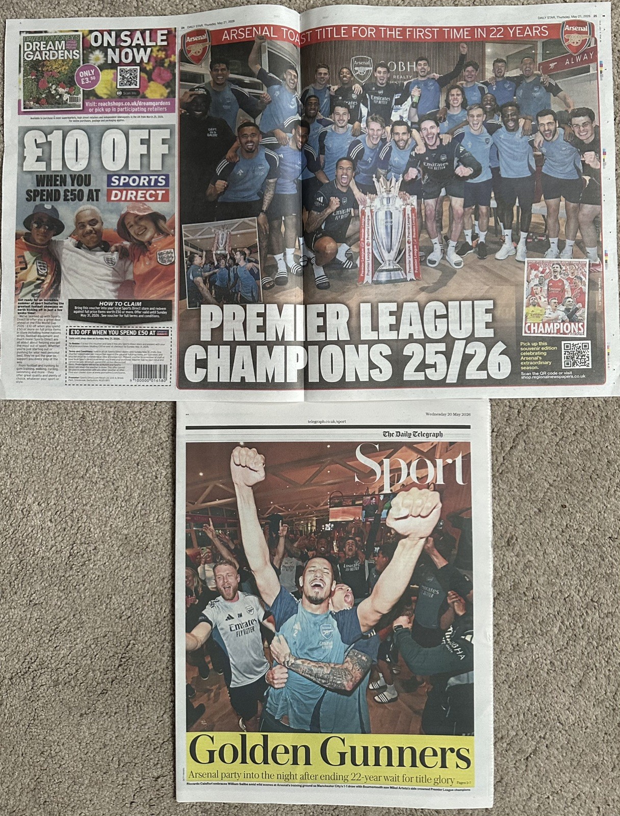Daily Telegraph Sport & Star Poster 20/5/26 Arsenal Premier League Champions