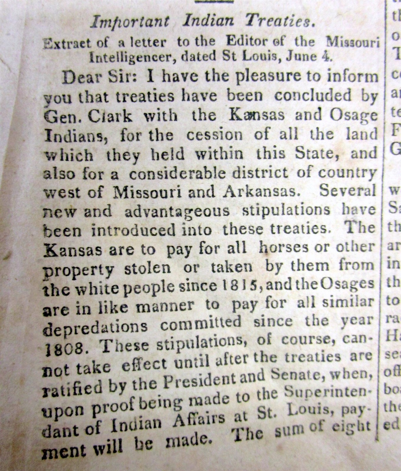1825 newspaper OSAGE INDIANS CEDE LANDS to the US + 16 African-Americans drown