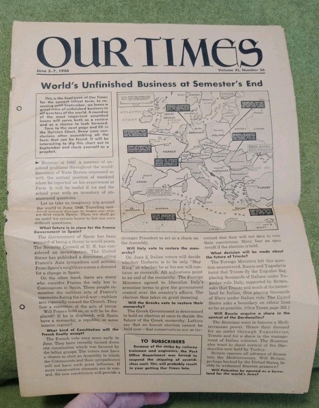OUR TIMES NEWSPAPER SCHOOL CURRENT EVENTS PAPER June 1946 WW2 Reestablish Govern