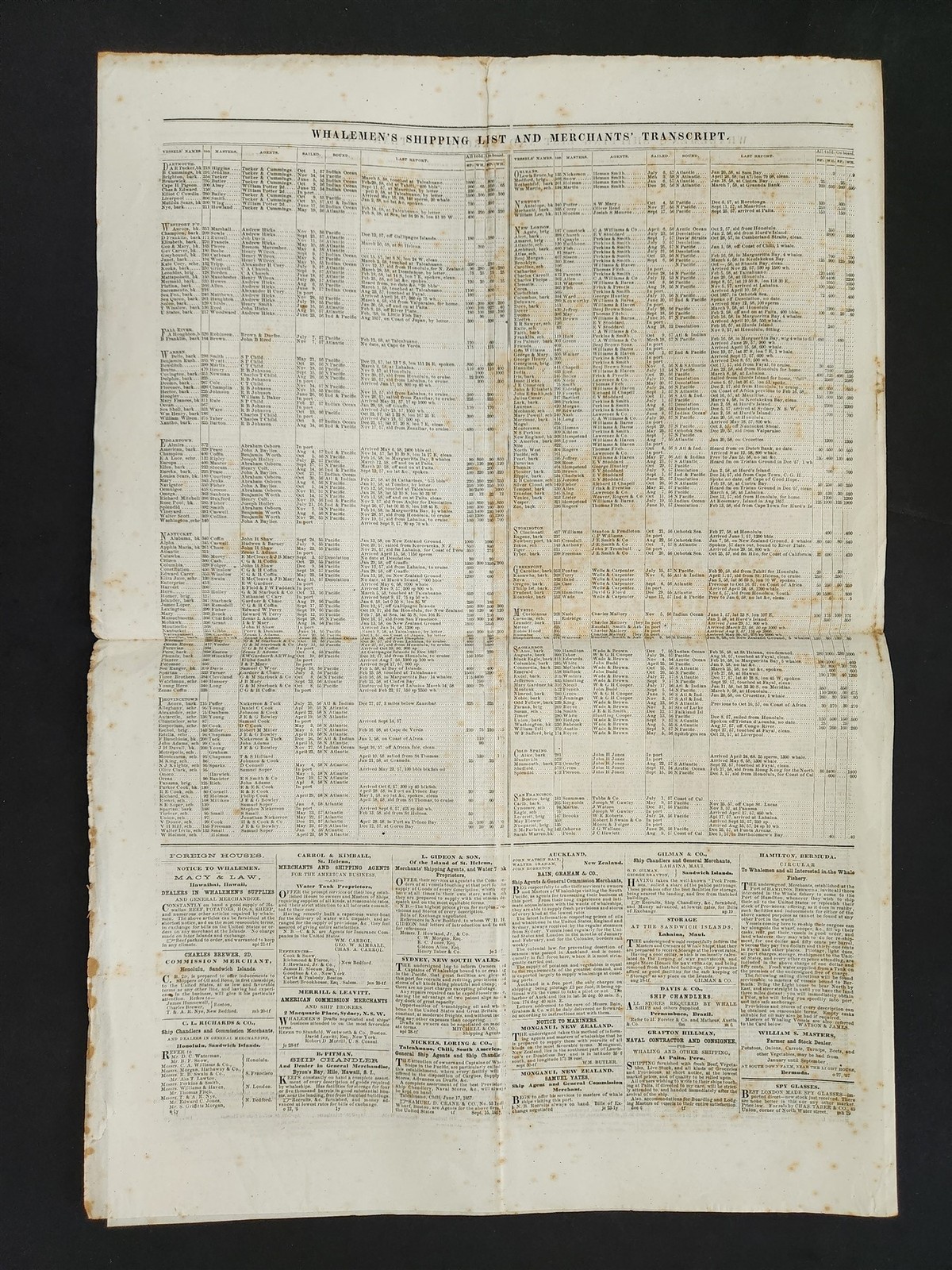 1858 antique WHALEMEN’S SHIPPING LIST NEWSPAPER new bedford ma May18 sperm whale