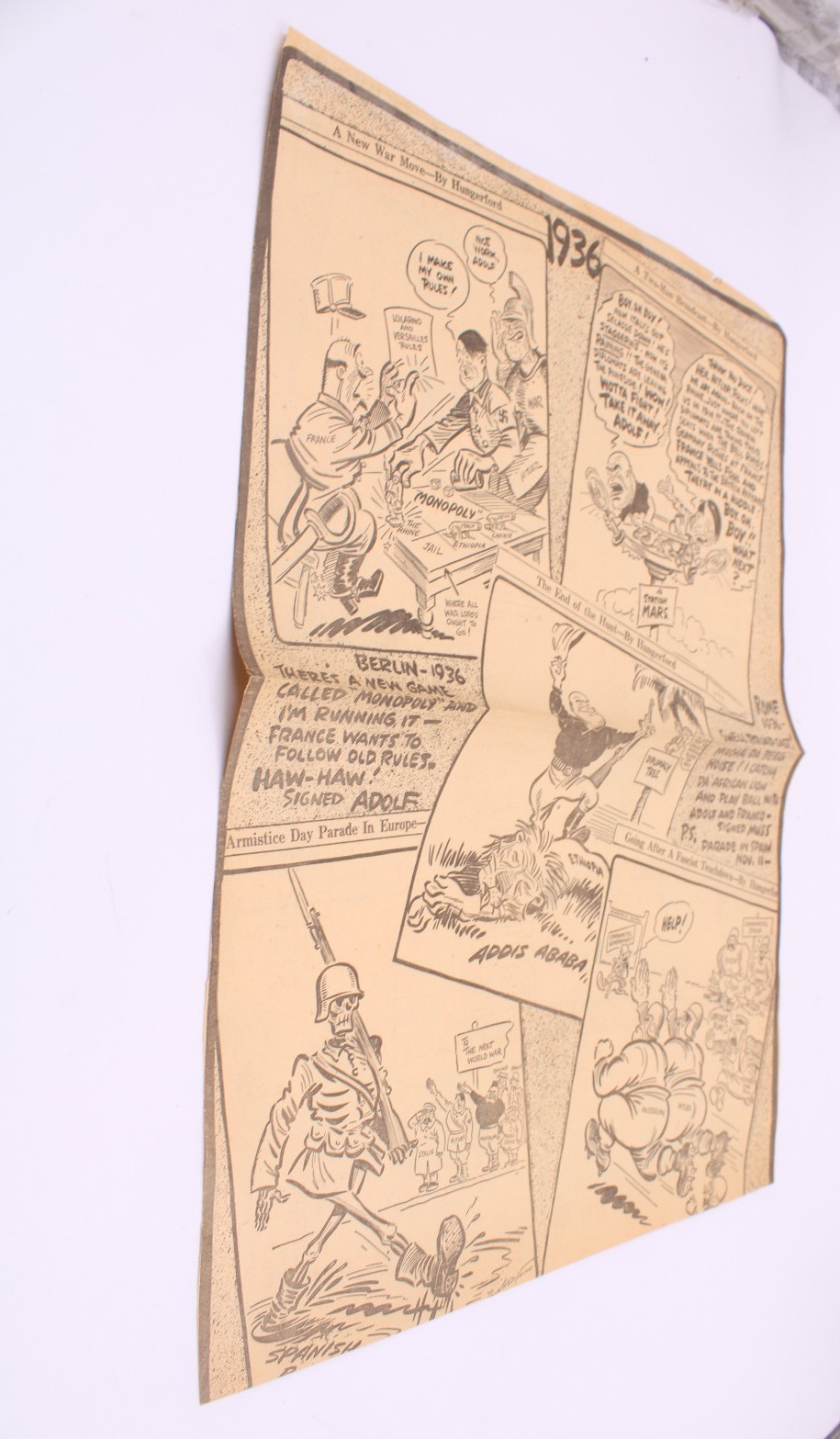 1936 NEWSPAPER CLIPPING U.S. CARTOON PROPAGANDA ANTI AXIS CARTOONS BY HUNGERFORD