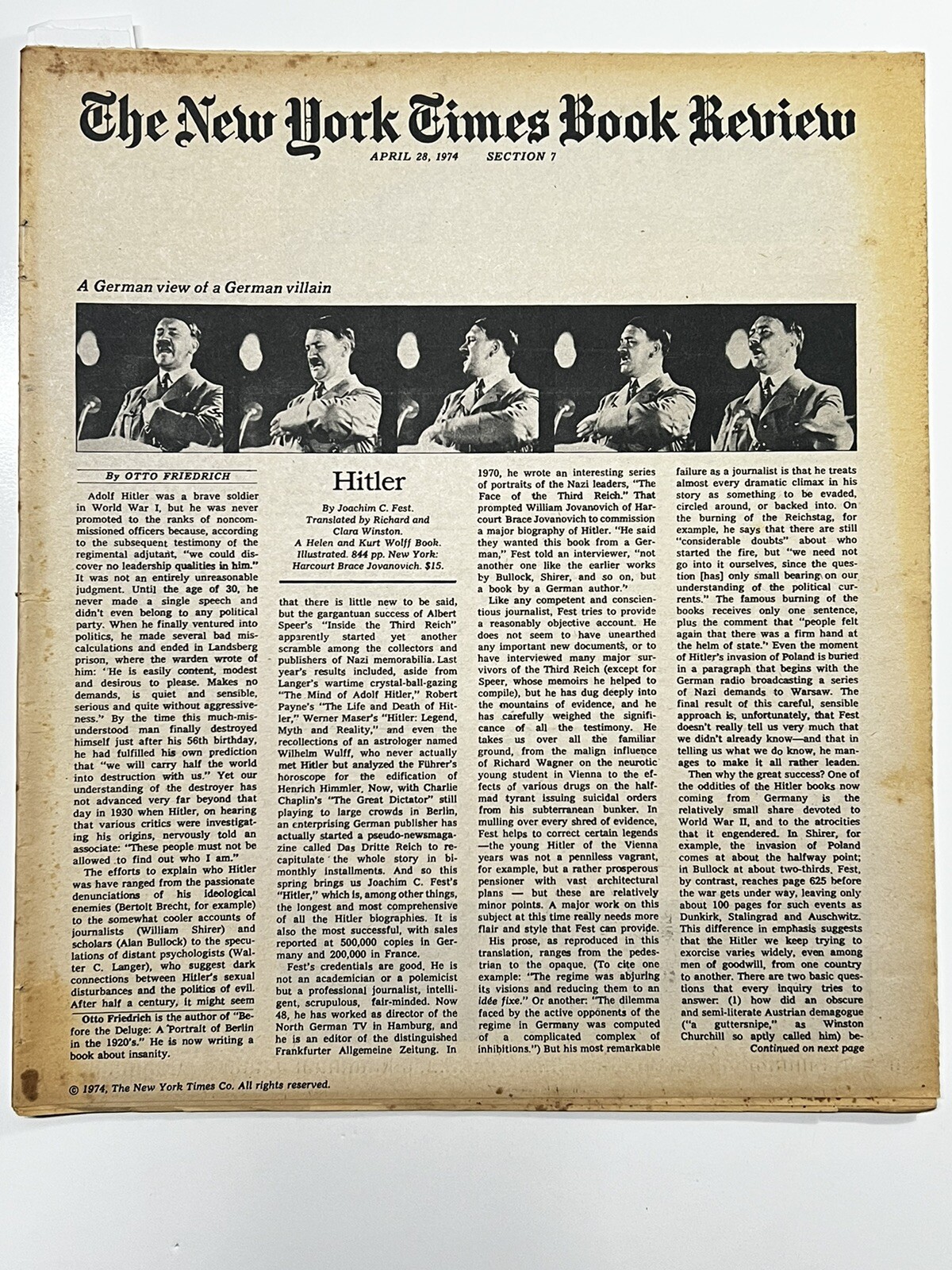 HITLER: A German View- New York Times Book Review – April 28, 1974 Newspaper NYT