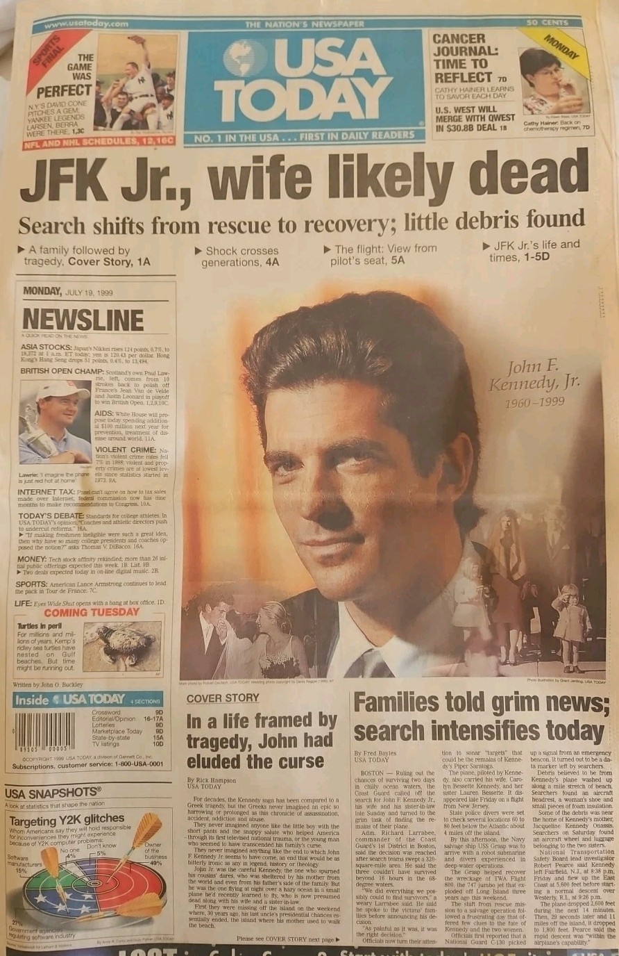 USA TODAY – July 19, 1999 – “JFK Jr, Wife Likely Dead” Plane Crash