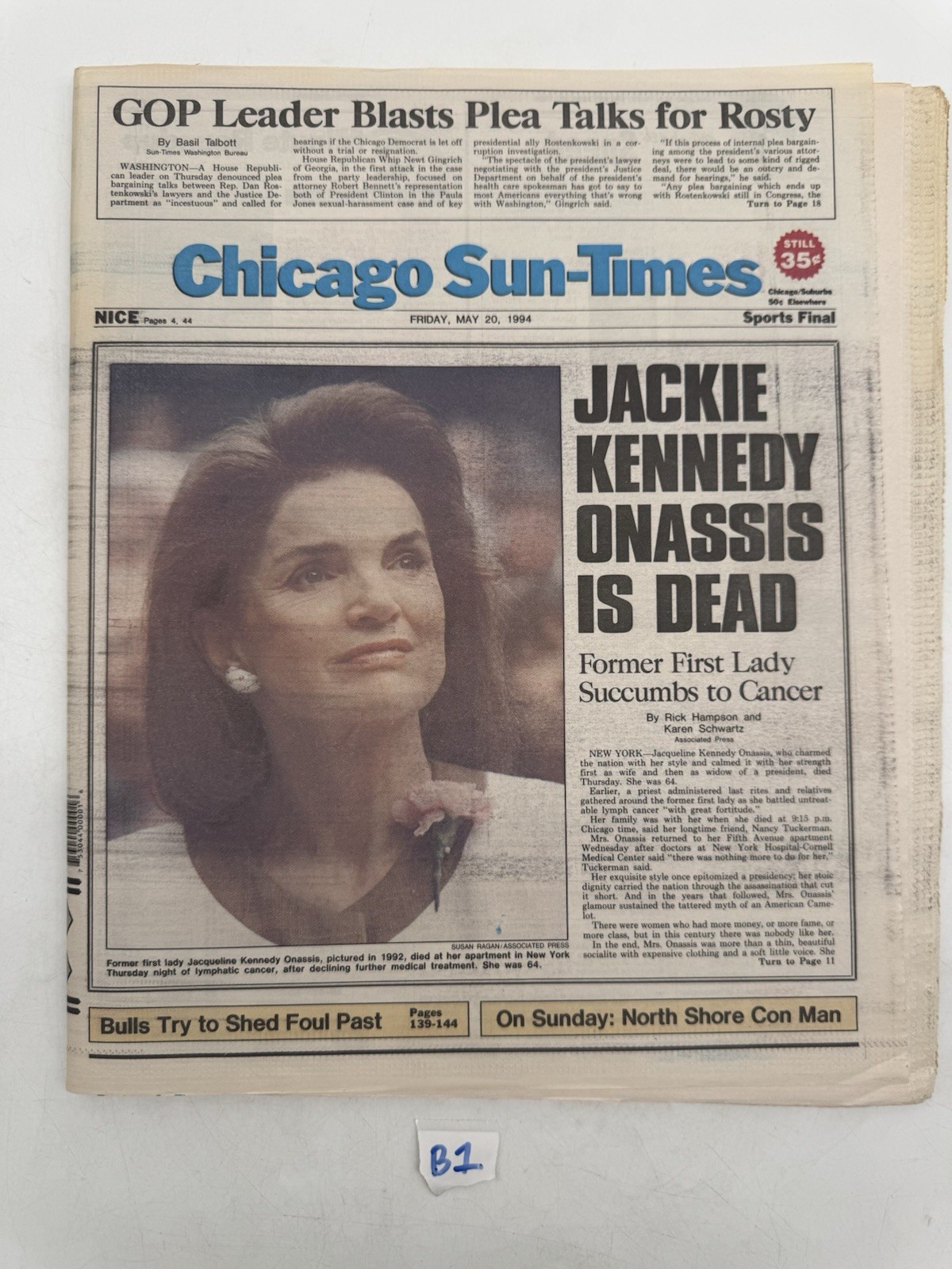 Chicago Sun-Times May 20 1994 Jackie Kennedy Death Newspaper NBA Playoffs