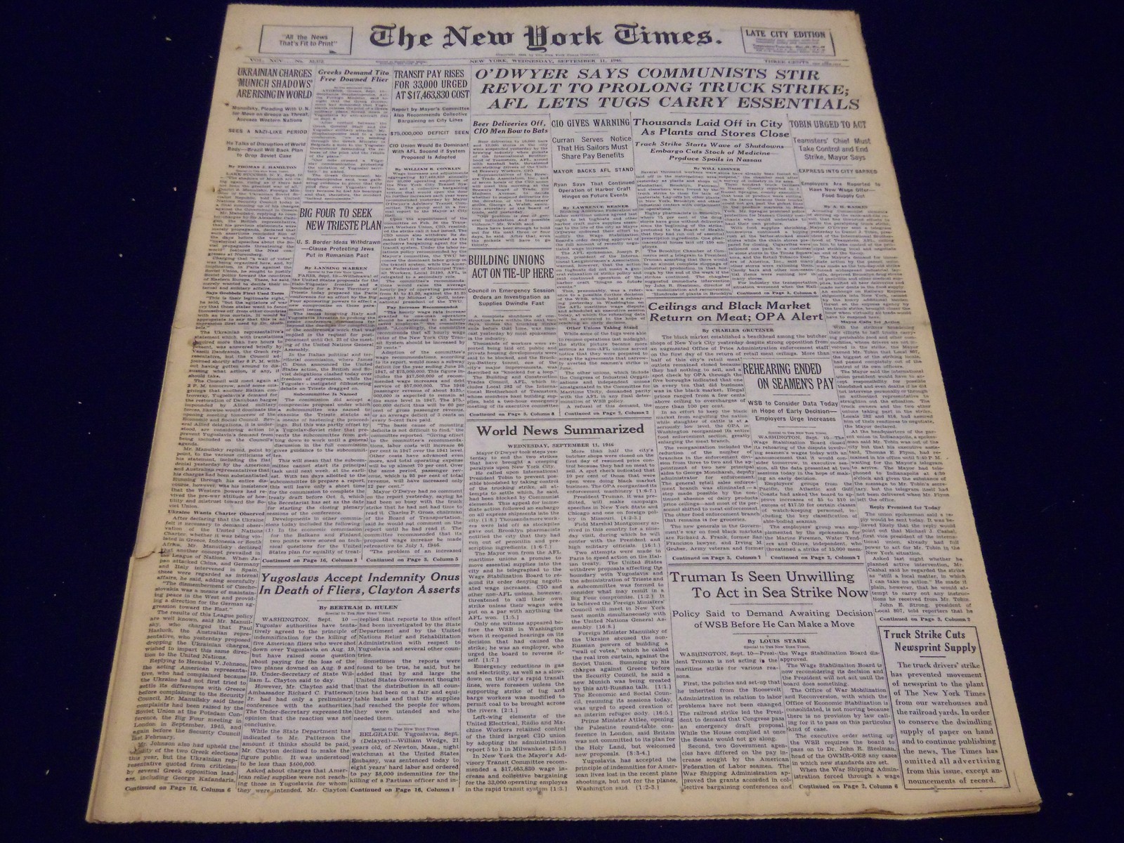 1946 SEPT 11 NEW YORK TIMES NEWSPAPER O’DWYER SAYS COMMUNISTS STIR REVOLT- NT 51