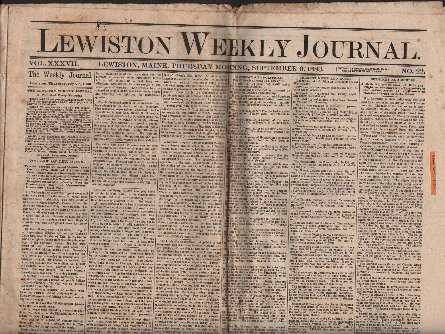 1883 Original Newspaper Lewiston Weekly Journal Lewiston Maine ME Sep 6, 1883