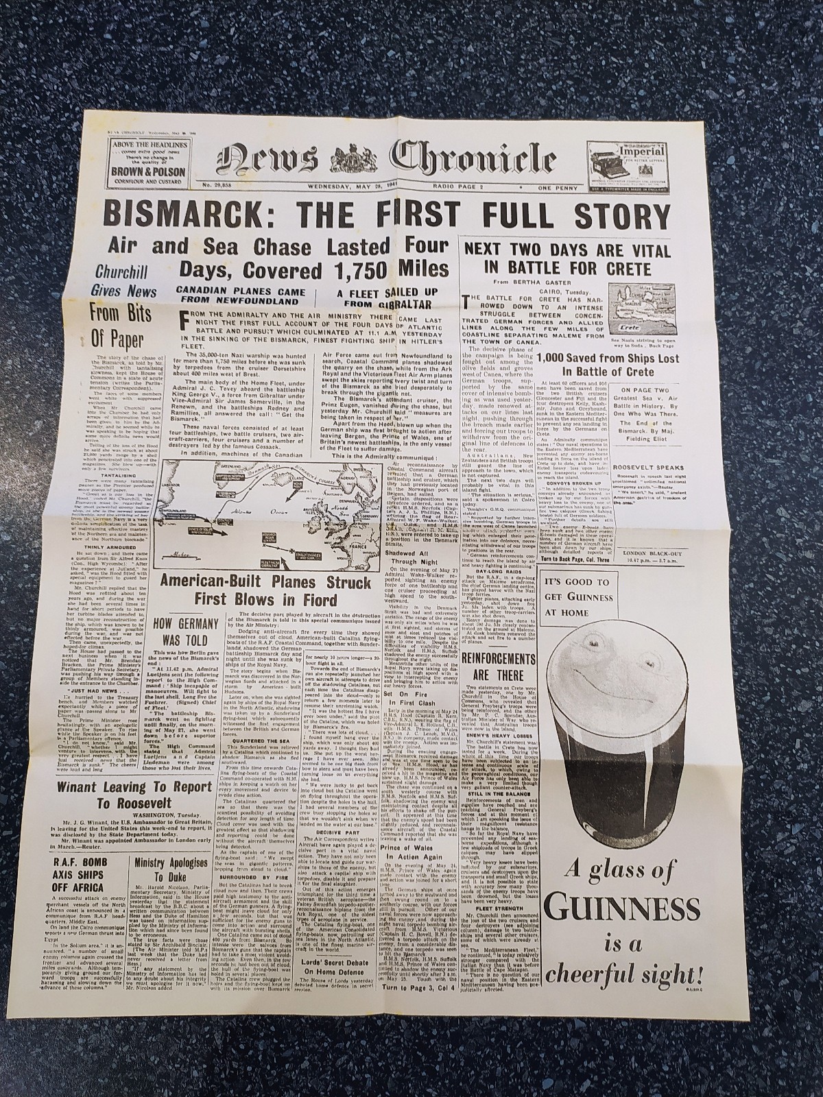 REPRODUCTION NEW CHRONICLE PAPER 28/05/41 SINKING of BISMARK