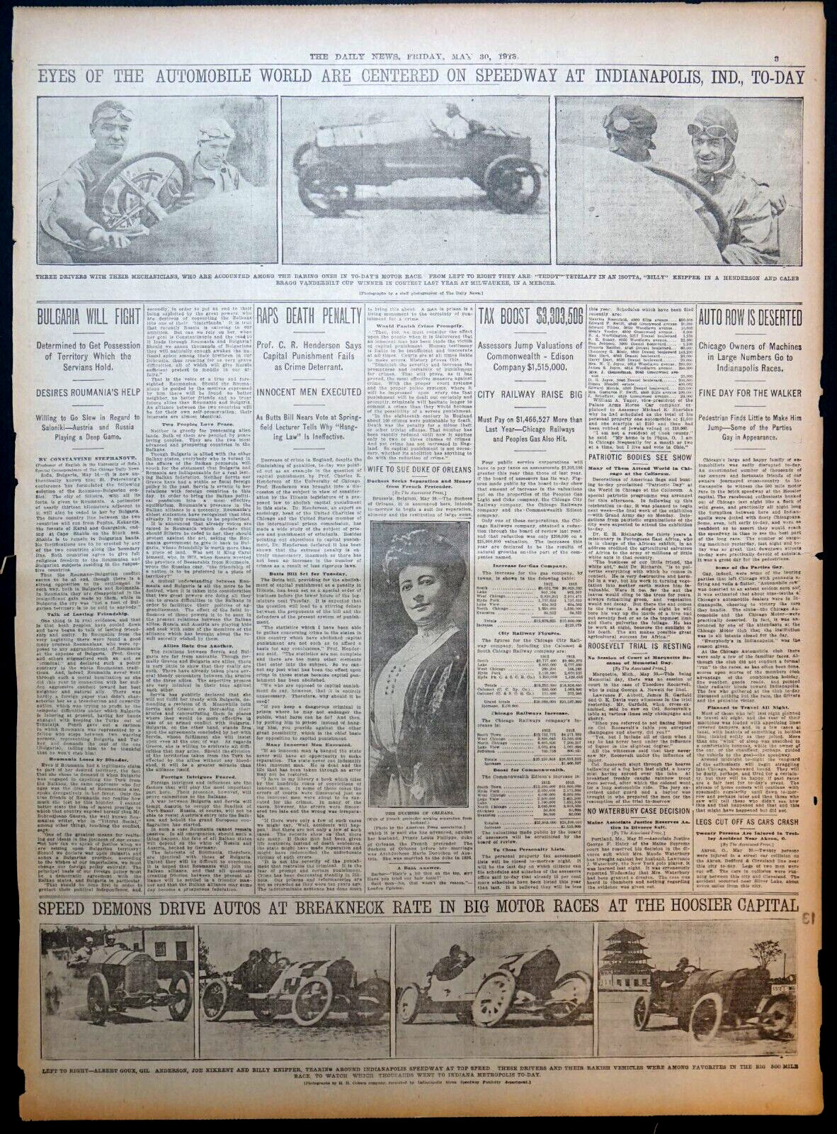 Rare 1913 Chicago Sports Pages – Albert Goux Wins 3rd Indianapolis 500 Race