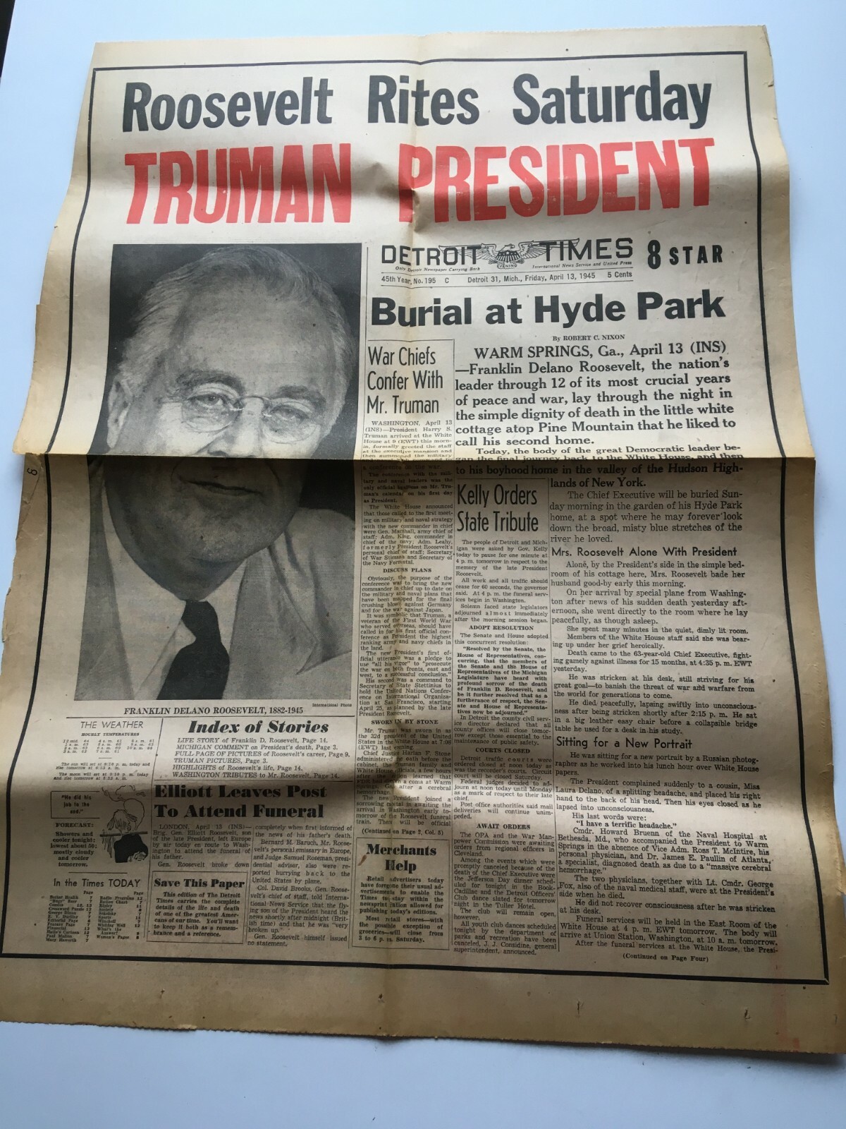 Franklin D. Roosevelt Death Newspaper Clippings Detroit Times April 13, 1945