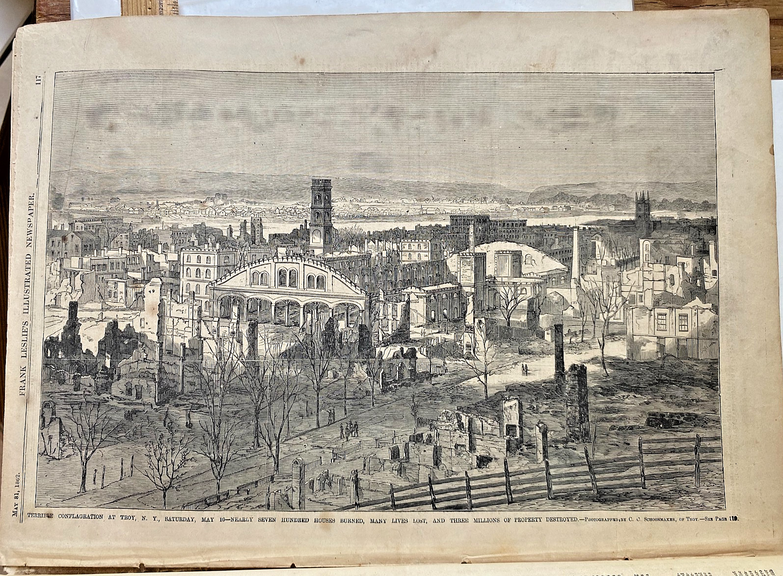 1862 Leslies Newspaper Woodcut. Conflagration at Troy, NY. Many Lives Lost.