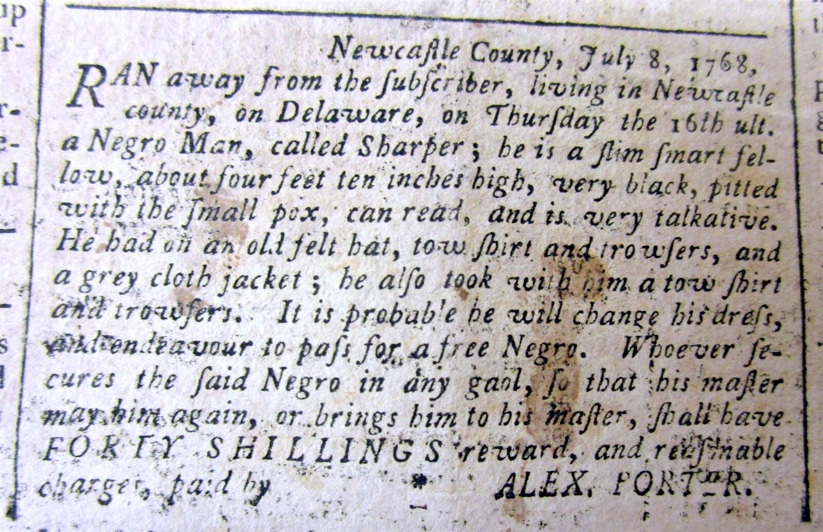 1768 REVOLUTIONARY WAR newspaper “EXTRA” RUNAWAY SLAVE AD Newcastle Co DELAWARE