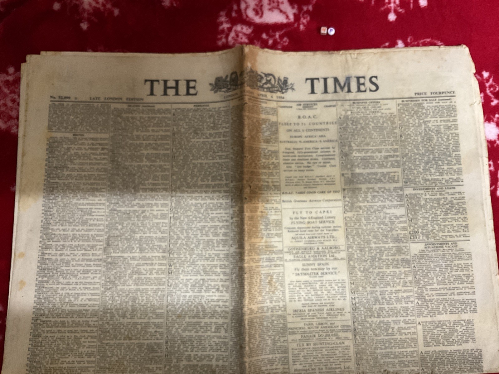 Interesting historic newspaper , RARE , NEWS , THE TIMES , APRIL 1954
