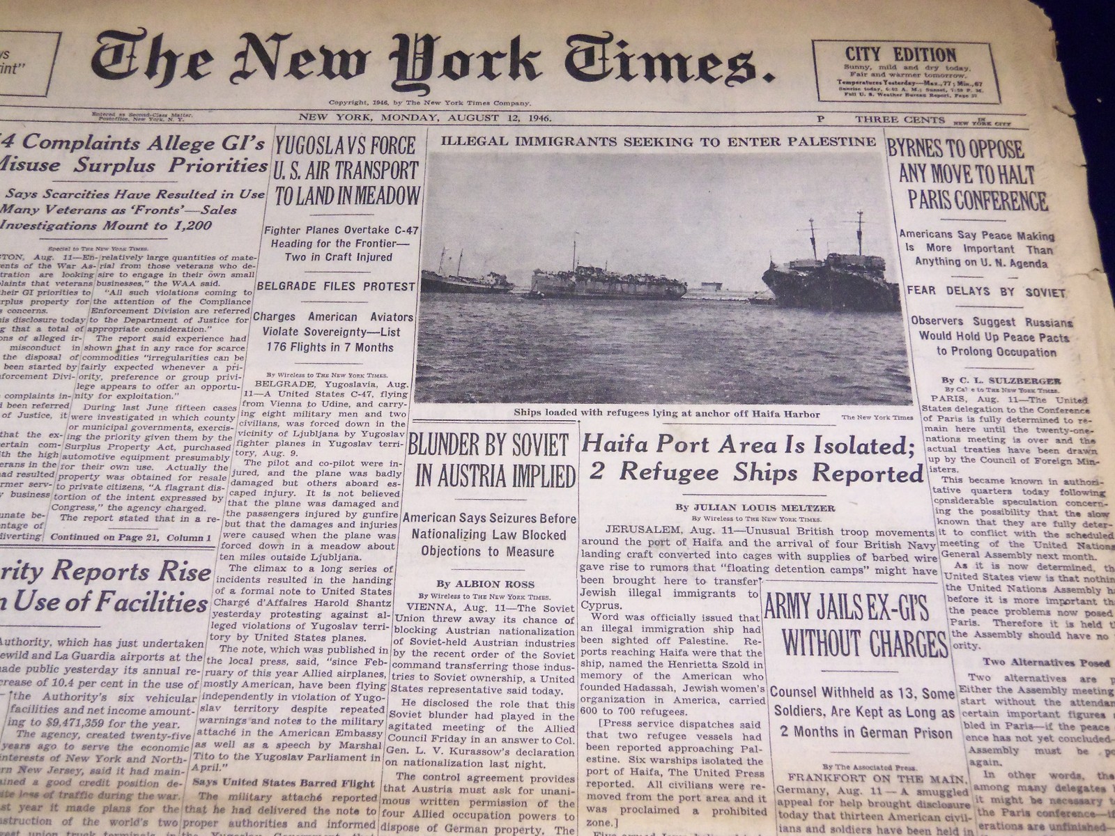1946 AUGUST 12 NEW YORK TIMES – SHIPS WITH REFUGEES AT HAIFA HARBOR – NT 2632