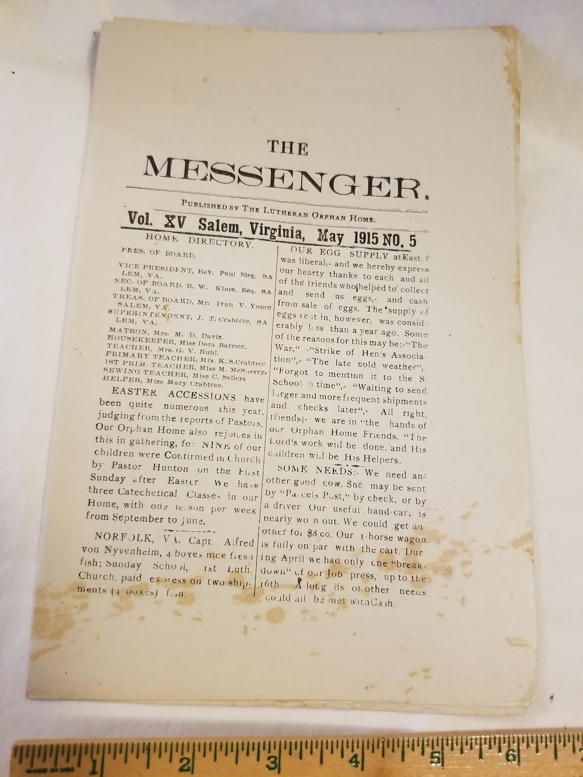 The Messenger 1915 Salem VA Lutheran Orphan Home Monthly Newsletter Vol XV No 5