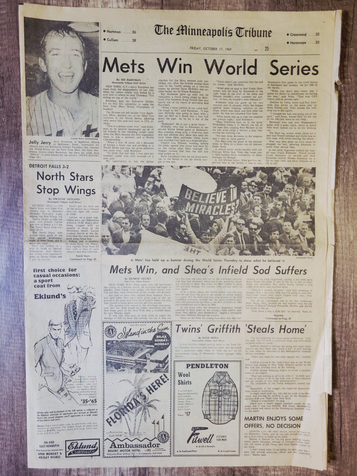 1969 Oct 17: Minneapolis Tribune Sports NY Mets Win World Series! MLB Baseball