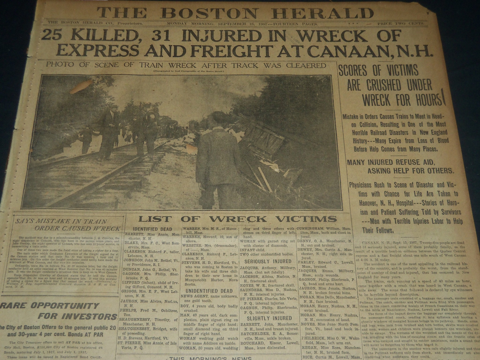 1907 SEPT 16 THE BOSTON HERALD – 25 KILLED IN TRAIN WRECK AT CANAAN – BH 239