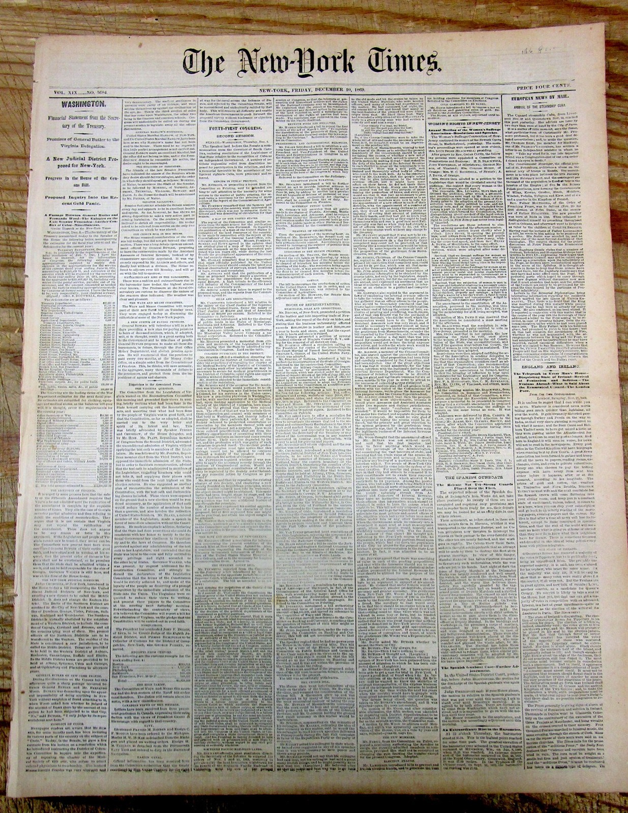 1869 NY Times newspaper with a WOMEN’S RIGHTS SUFFRAGE CONVENTION in NEW JERSEY