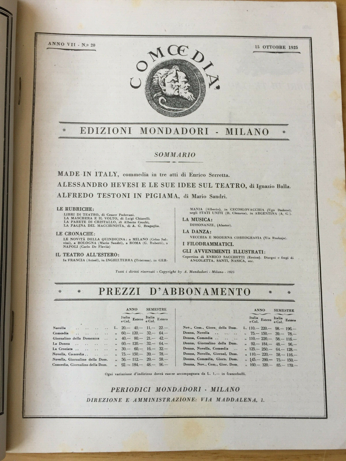 MONDADORI COMEDIA PERIODICO COMEDIA E VITA THEATRALE N° 20 1925 SERRETTA 02/19