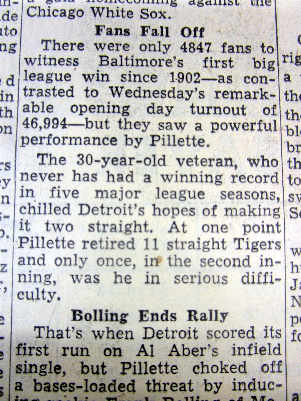 1954 newspaper BALTIMORE ORIOLES WIN THEIR 1st GAME as a NEW BASEBLL FRANCHISE