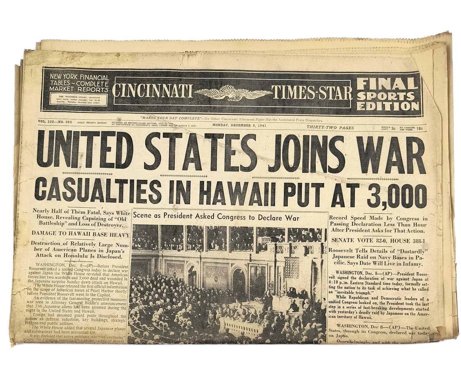 U.S. Joins War WWII Hawaii Casualties Reach 3000 December 8, 1941 Newspaper L6