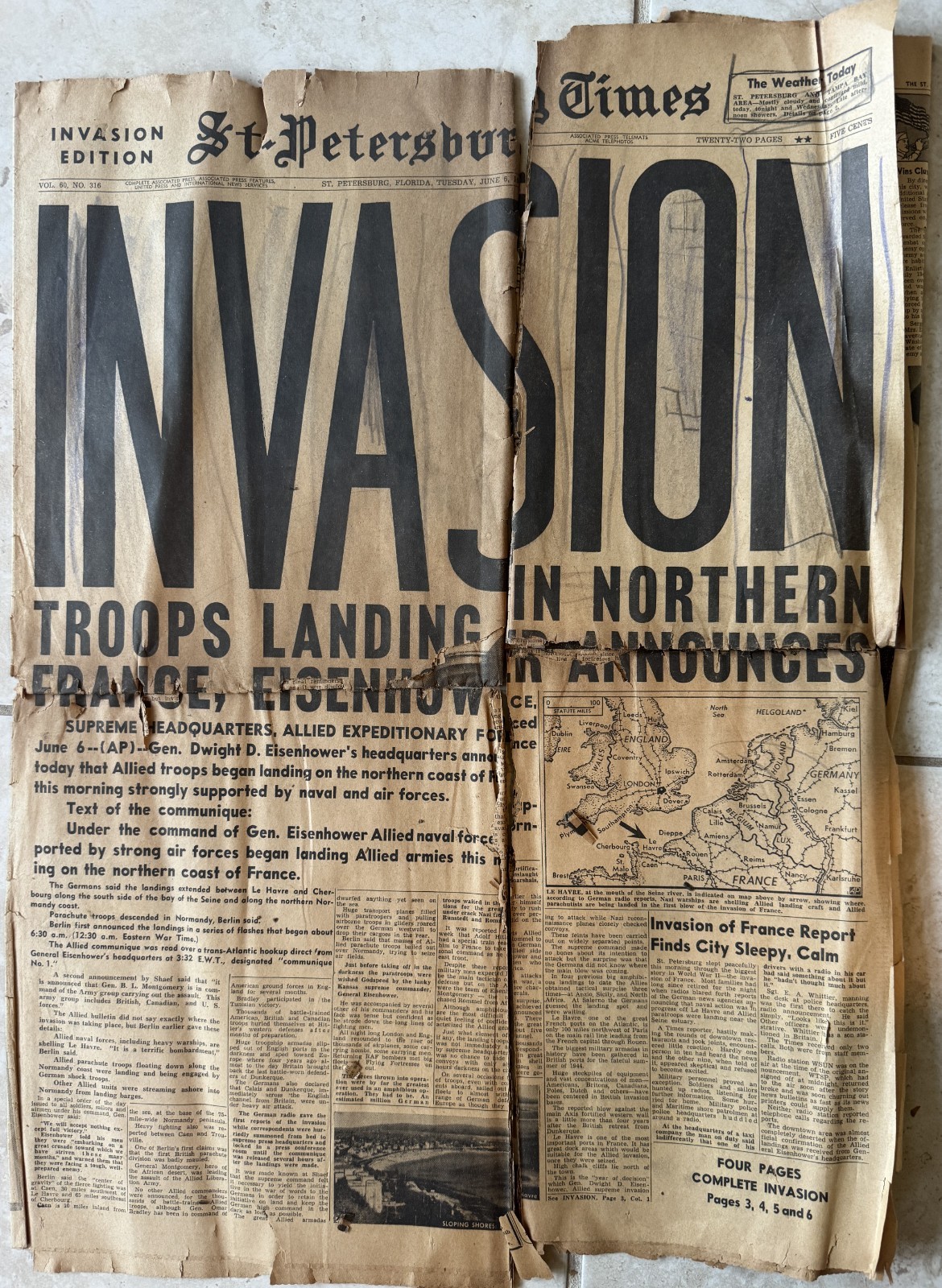 WWII “INVASION N. FRANCE” Evening Independent St Pete Fl June 6, 1944 Newspaper