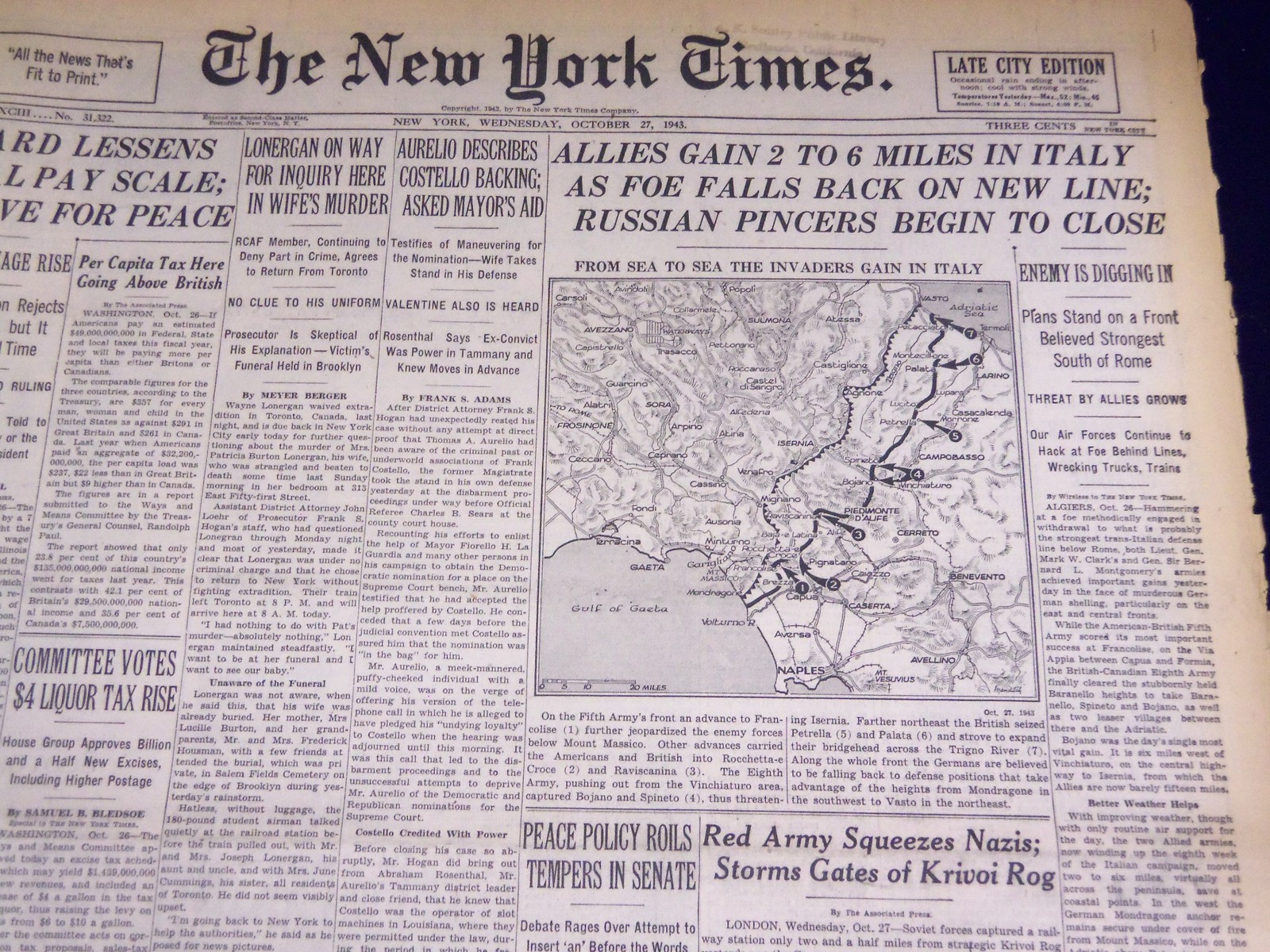 1943 OCTOBER 27 NEW YORK TIMES – ALLIES GAIN 2 TO 6 MILES IN ITALY – NT 1910