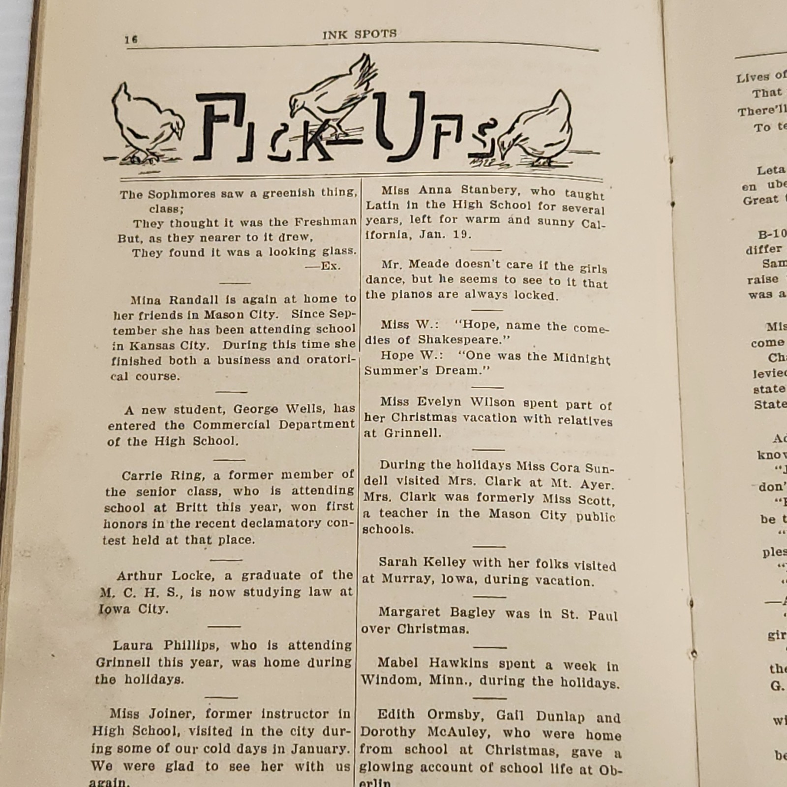 Vintage Feb 1912 Ink Spots Mason City Iowa High School Student Newspaper Ads