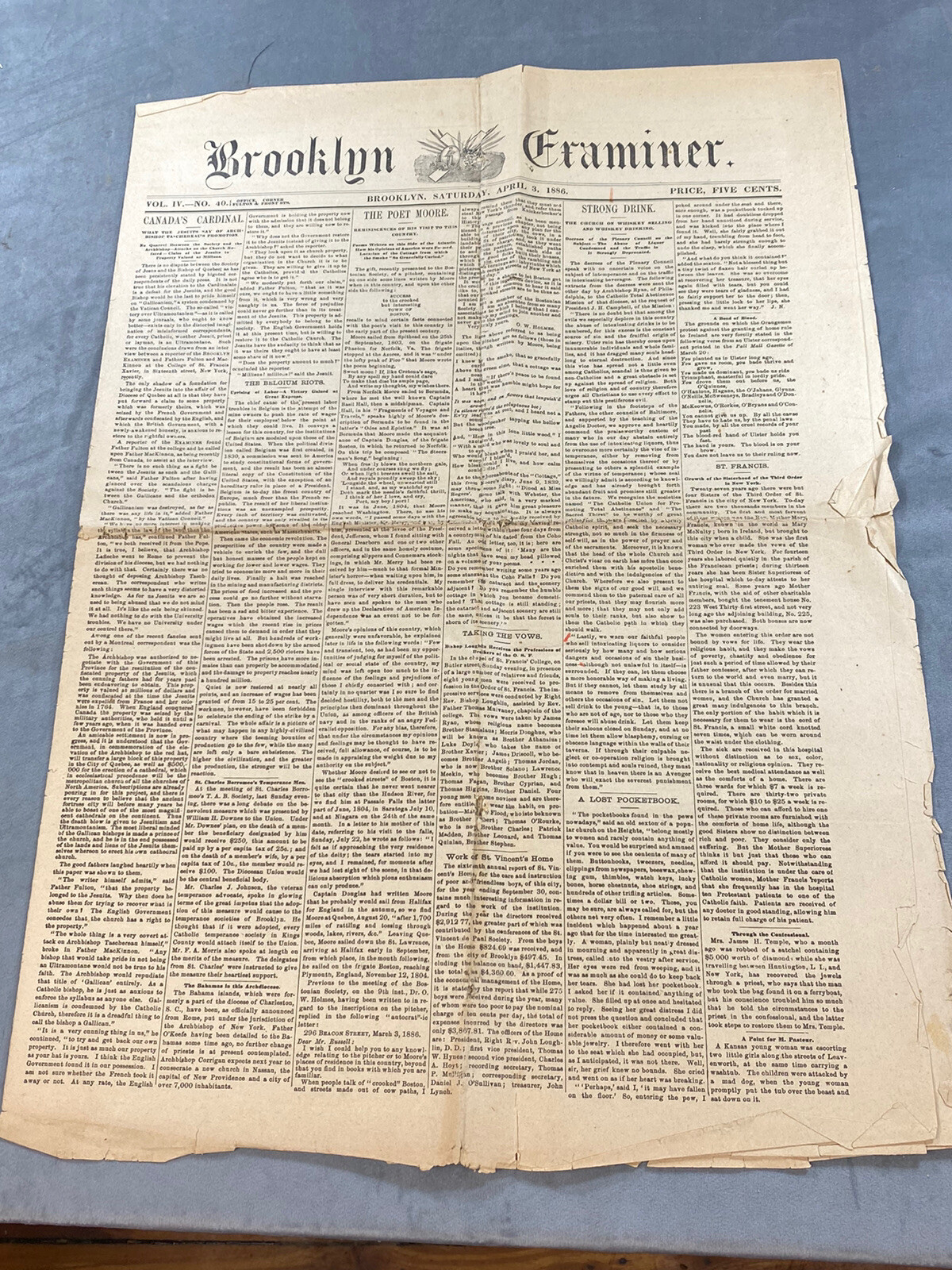 1886 Brooklyn Examiner Newspaper 22″ x 15 1/2″, Many NYC Ads & Articles
