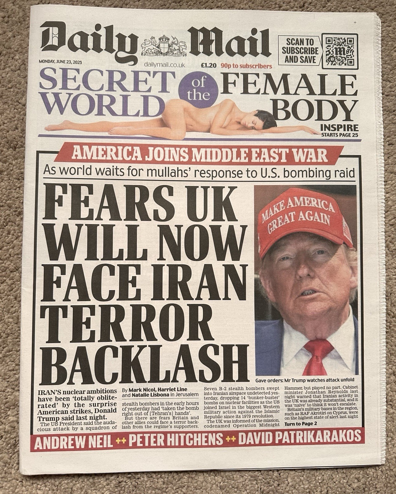 Daily Mail 23rd June 2025 23/6/25 USA Attack Iran Bunkers