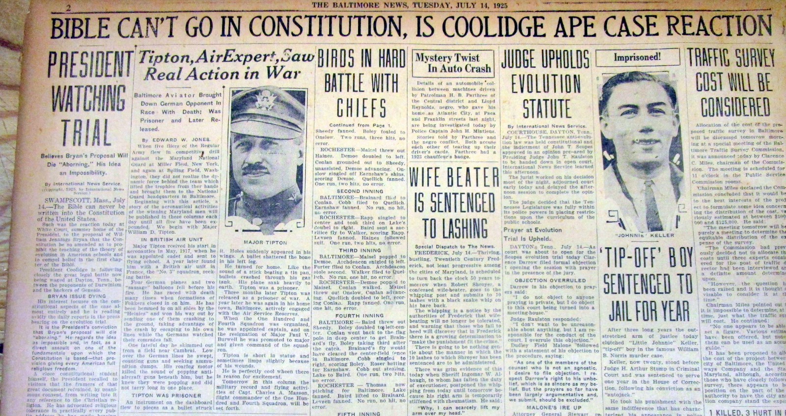 1925 newspaper SCOPES “Monkey” TRIAL in Dayton TENNESSEE on THEORY OF EVOLUTION
