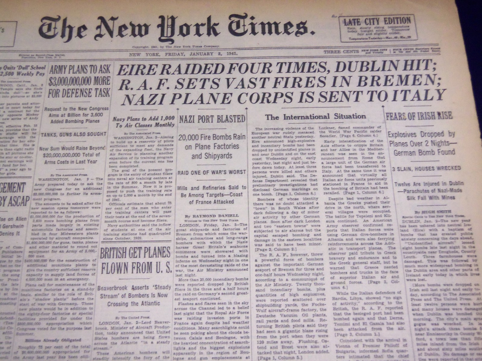 1941 JANUARY 3 NEW YORK TIMES – EIRE RAIDED FOUR TIMES, DUBLIN HIT – NT 1133