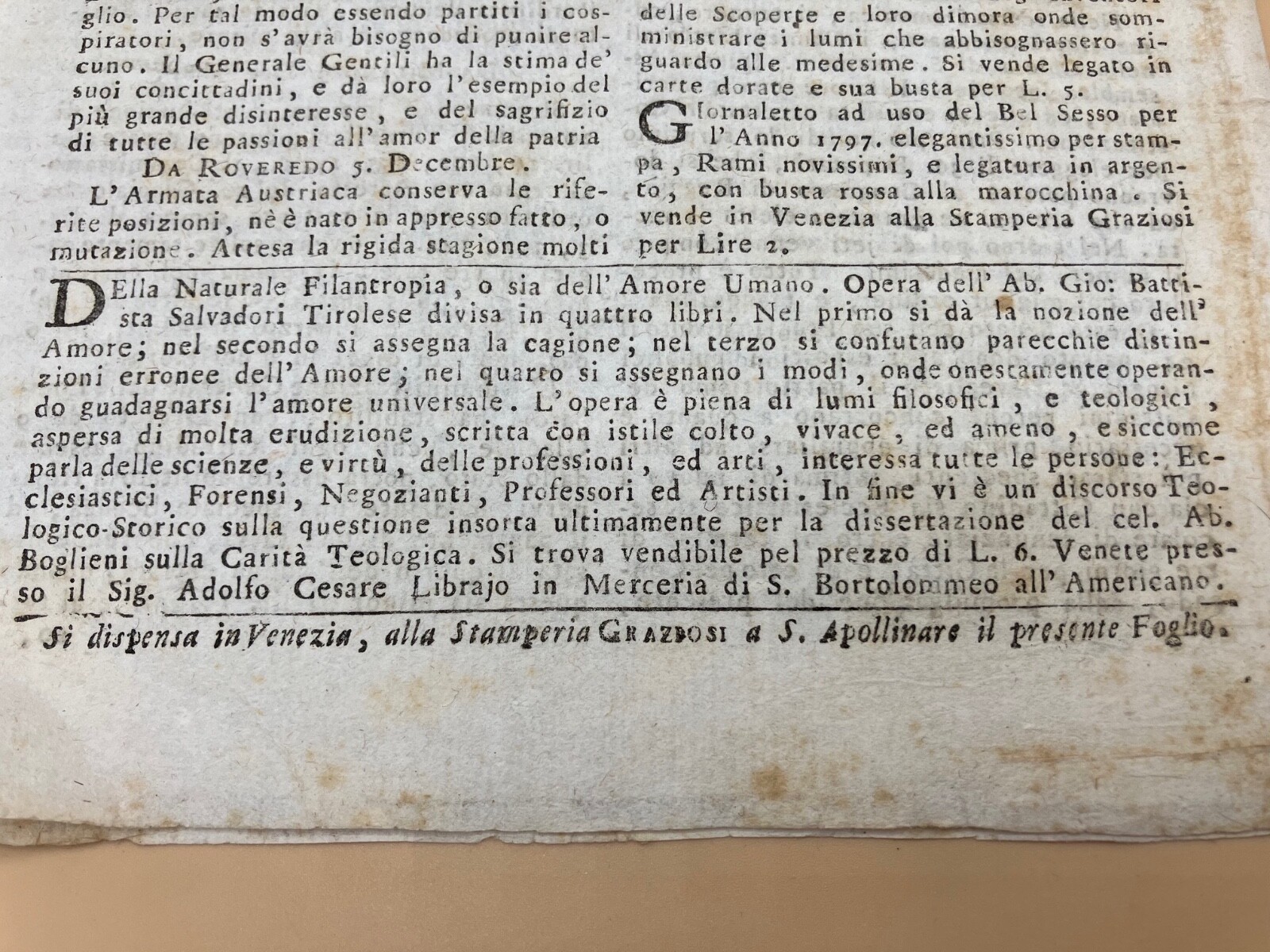 1796 Original Newspaper “Notizie dal Mondo” w/ article on the Directory