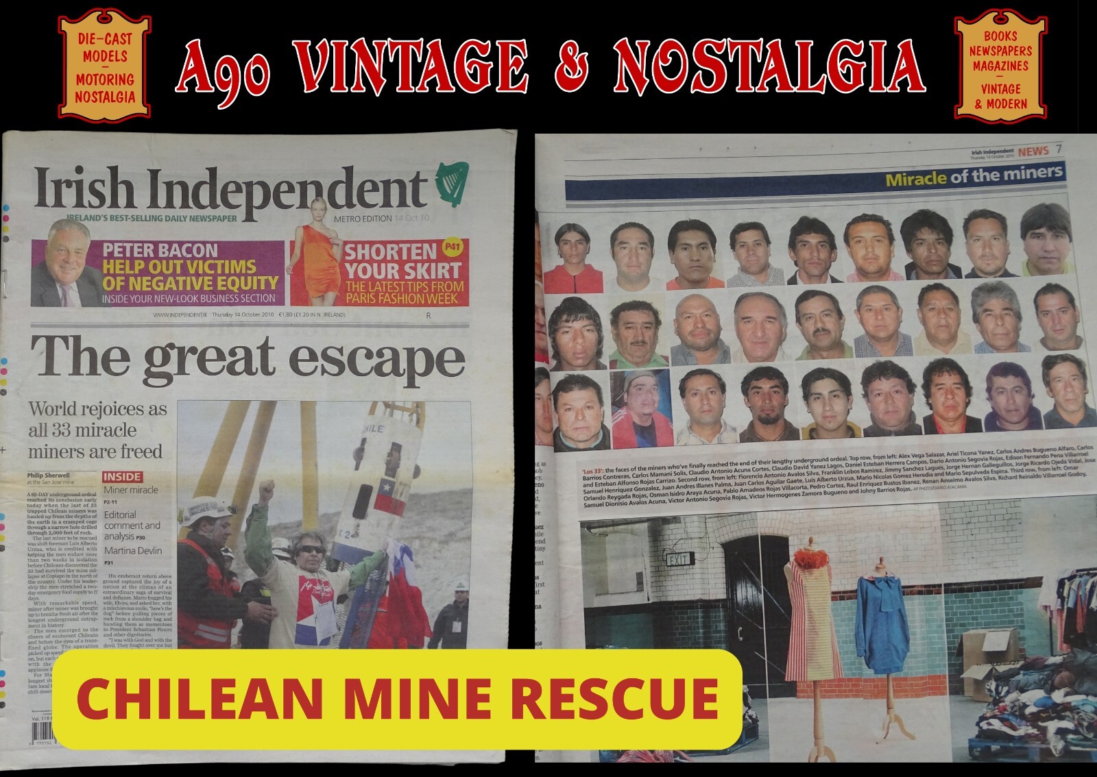 IRISH INDEPENDENT NEWSPAPER CHILEAN MINE RESCUE OCTOBER 2010 BRIAN COWAN SPORT