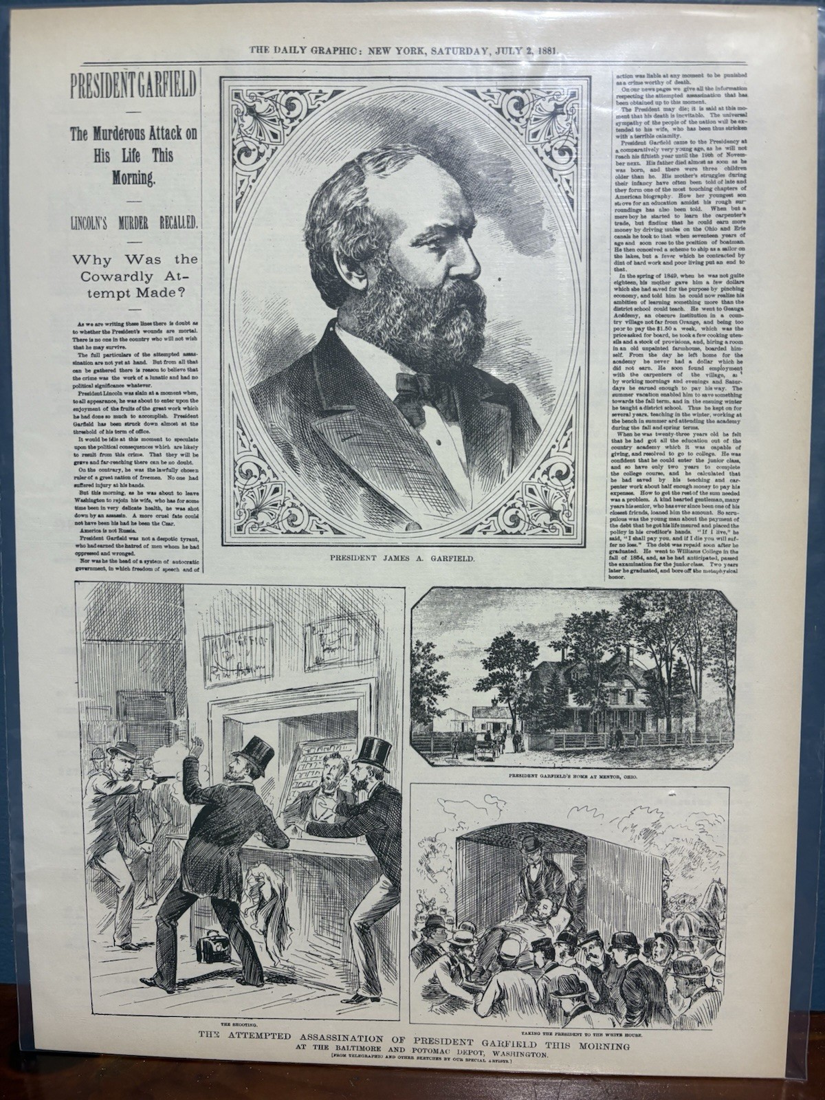 VINTAGE NEWSPAPER HEADLINE~ PRESIDENT GARFIELD SHOT BALTIMORE POTOMAC DEPOT 1881