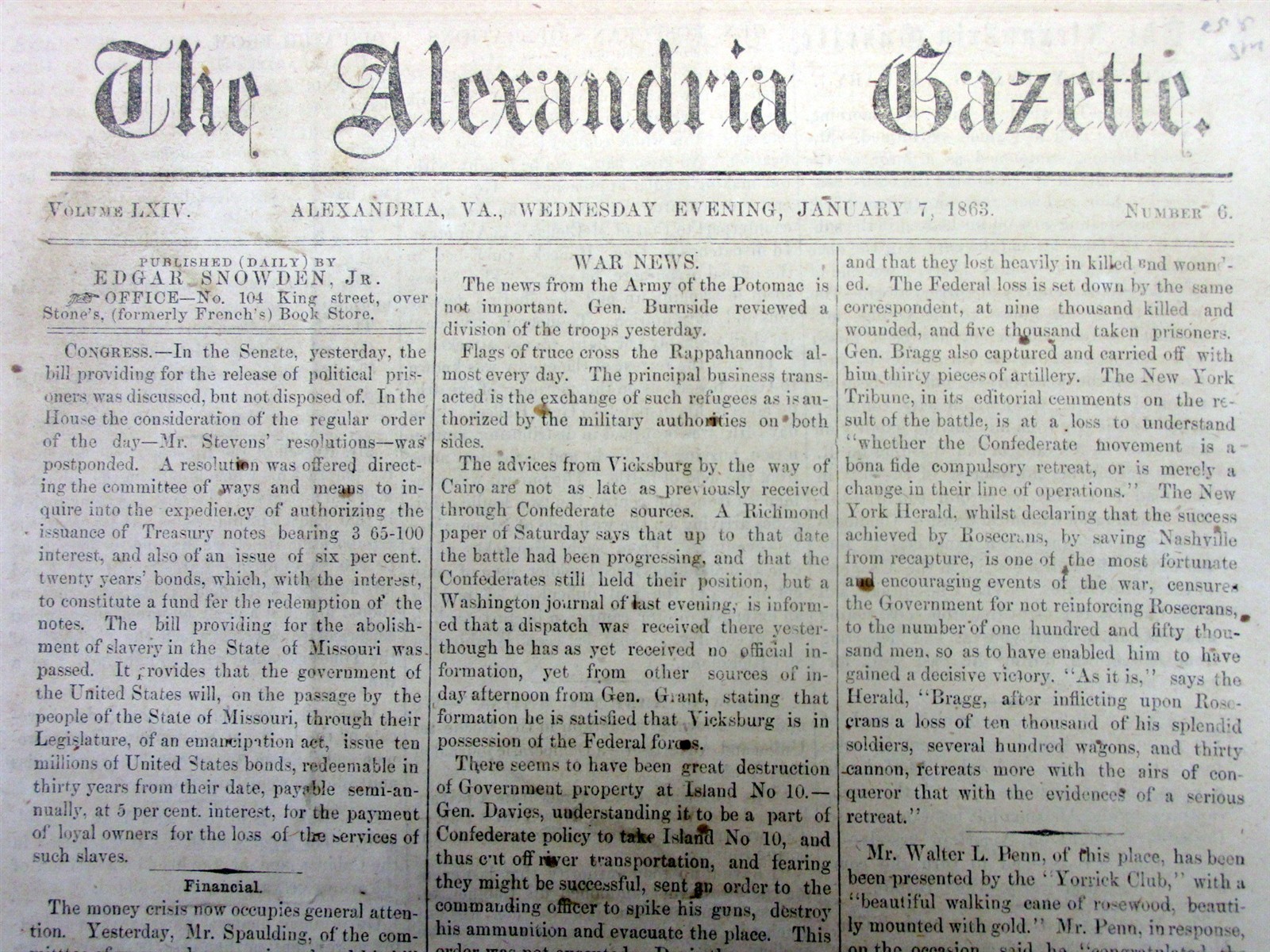 1863 Alexandra VIRGINIA Civil War newspaper w BATTLE OF MURFREESBORO Tennessee