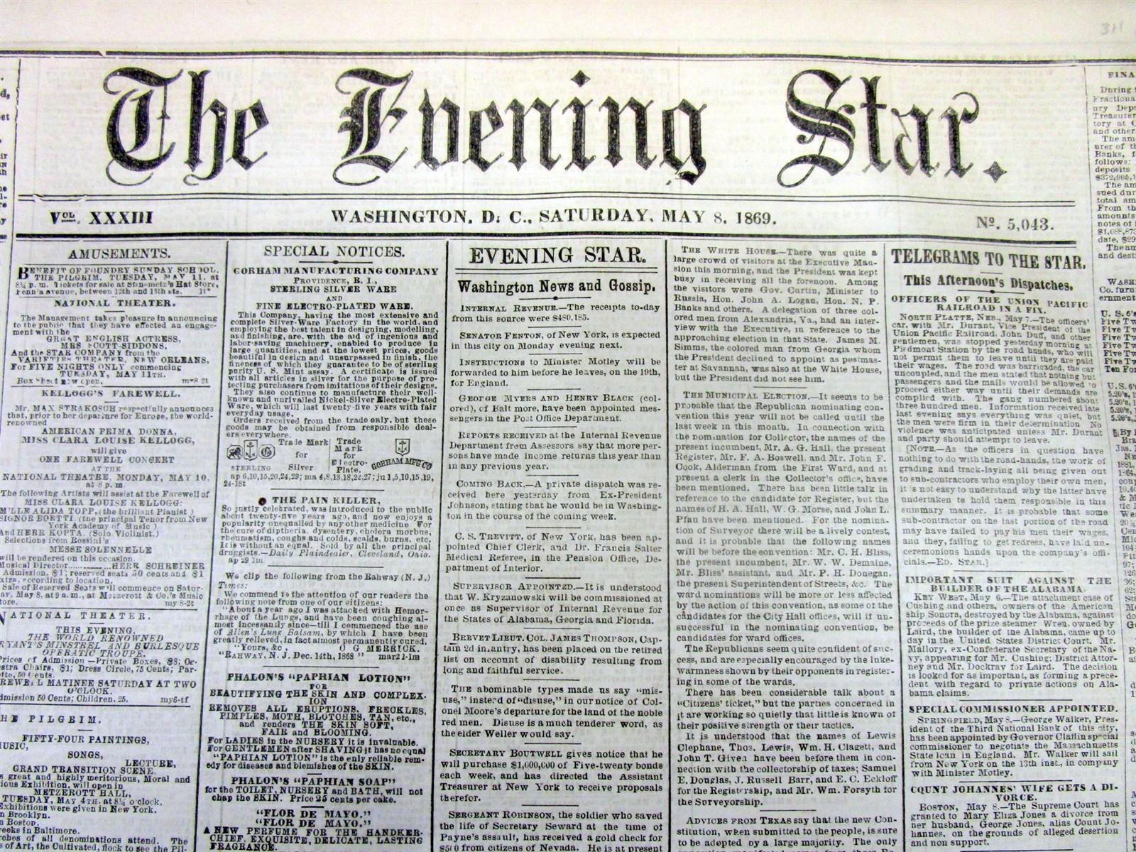 1869 newspaper 1st TRANSCONTINENTAL RAILROAD COMPLETE “Golden Spike” & Telegraph