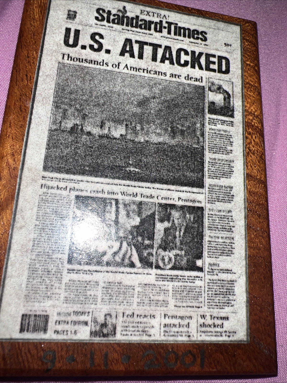 9/11 Memorabilia Mini Wood Plaque Standard-Times Newspaper US Attacked 2″x3″