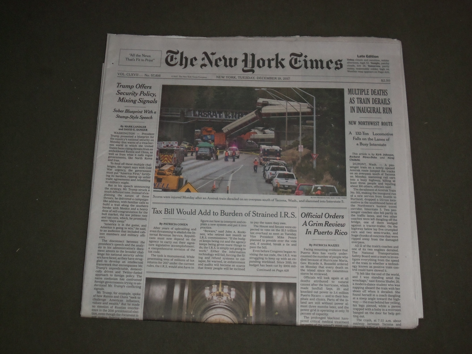 2017 DECEMBER 19 NEW YORK TIMES- AMTRAK WASHINGTON TRAIN DERAILS-MULTIPLE DEATHS