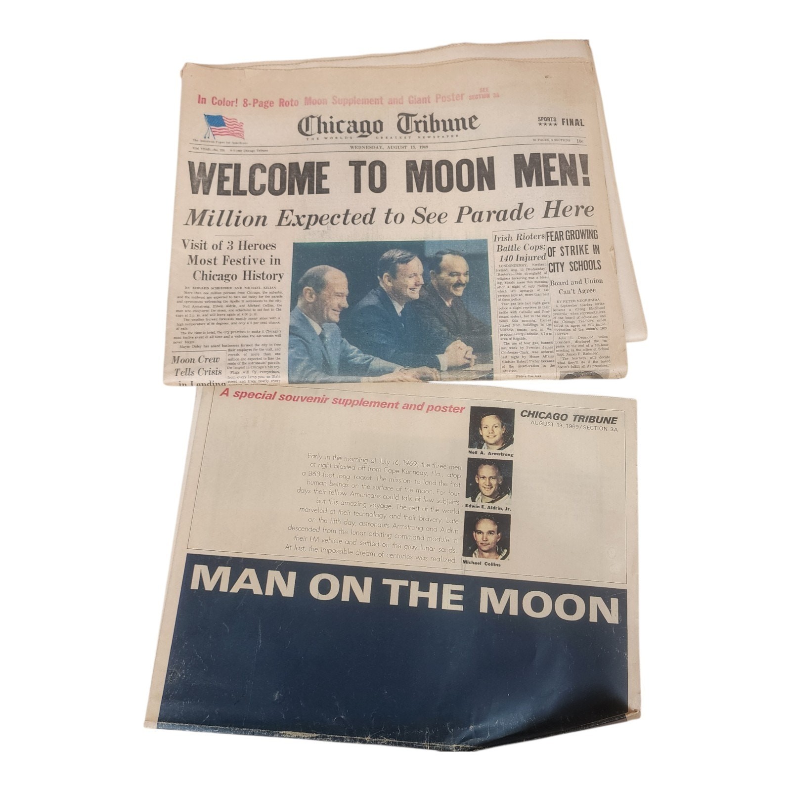 1969 Chicago Tribune Moon Landing August 13 1969 Apollo 11 3 Sections & Poster