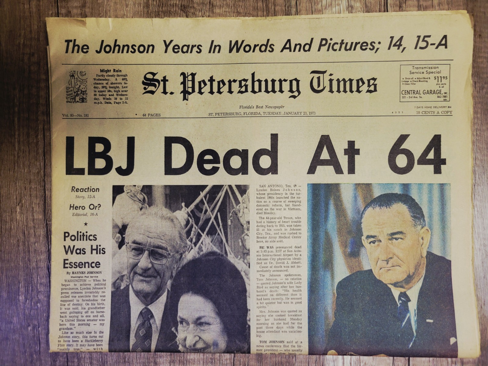 1973 Jan 23: St. Petersburg (FL) Times “LBJ Dead at 64” U.S. President Johnson