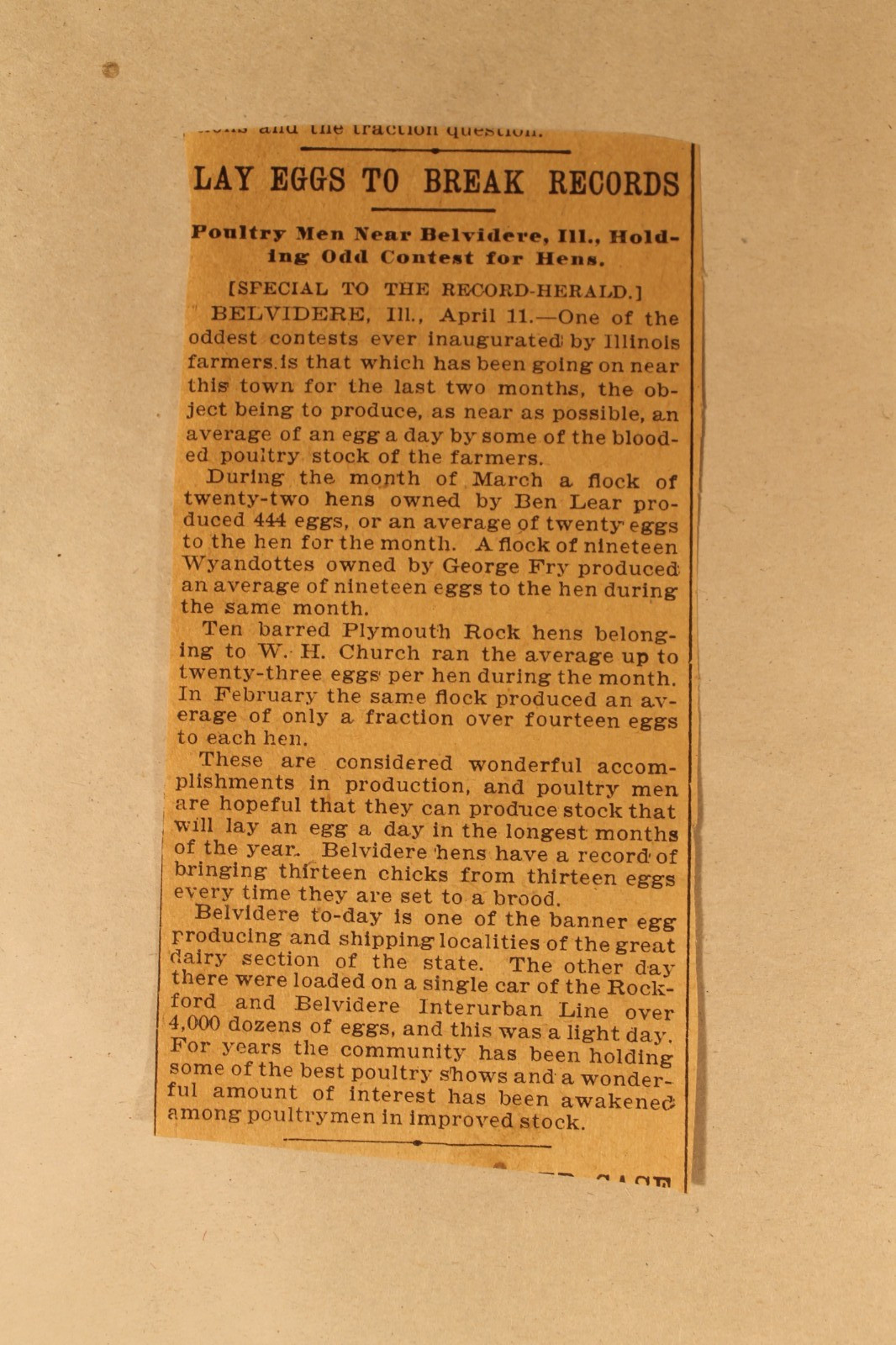 Belvidere, Ill Poultry Men “Lay Eggs to Break Records” Newspaper Clipping