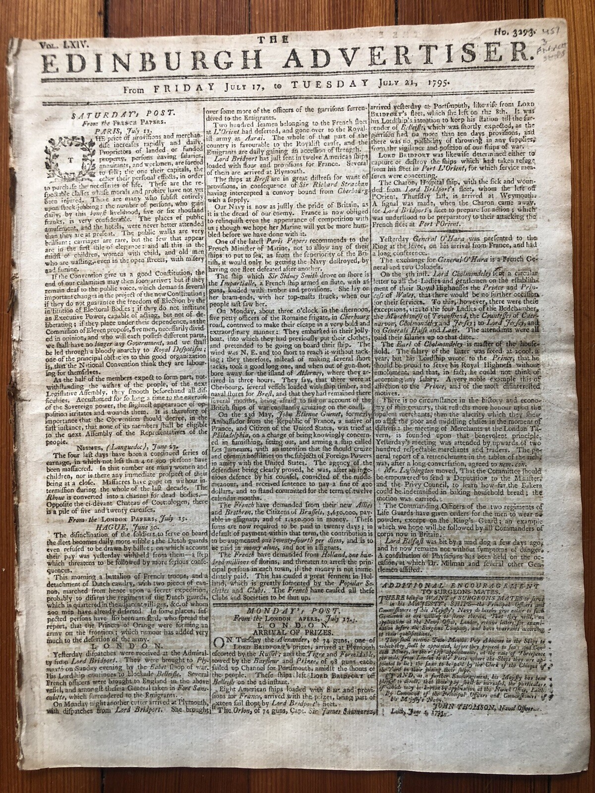 1795 newspaper w LISTING of FRENCH WARSHIPS CAPTURED SUNK by British REVOLUTION