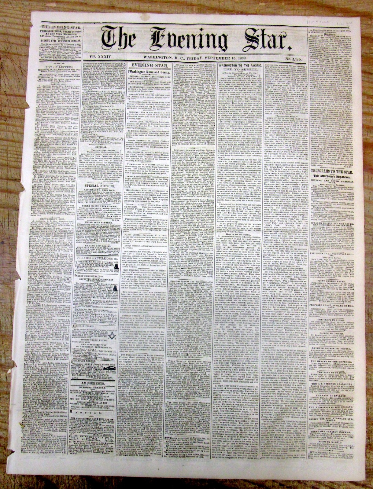 1869 newspaper w DETAILED REPORT of an early TRIP to YOSEMITE VALLEY California