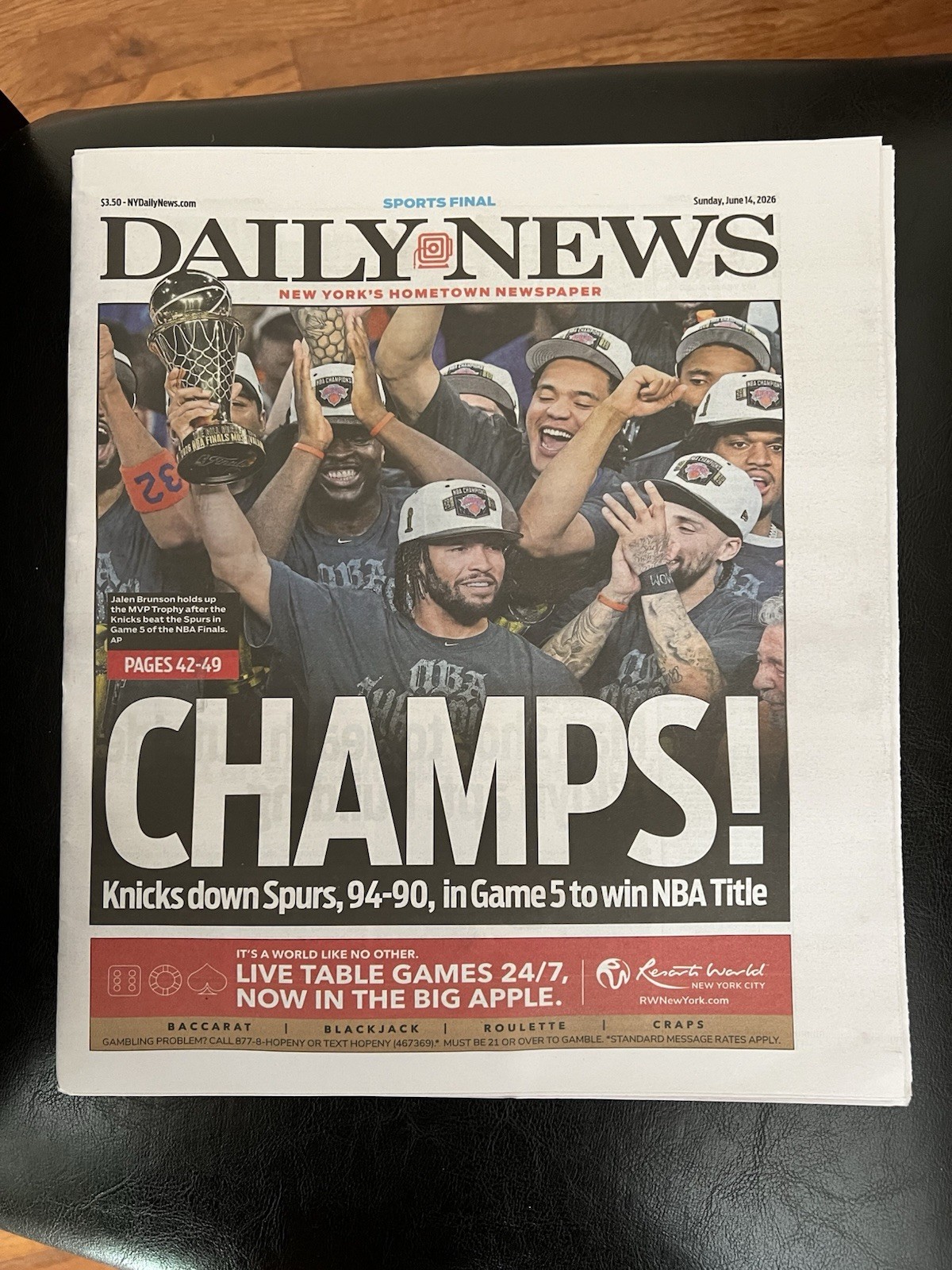 New York Daily News Knicks Chanpionship Sunday 6/14/26 Paper