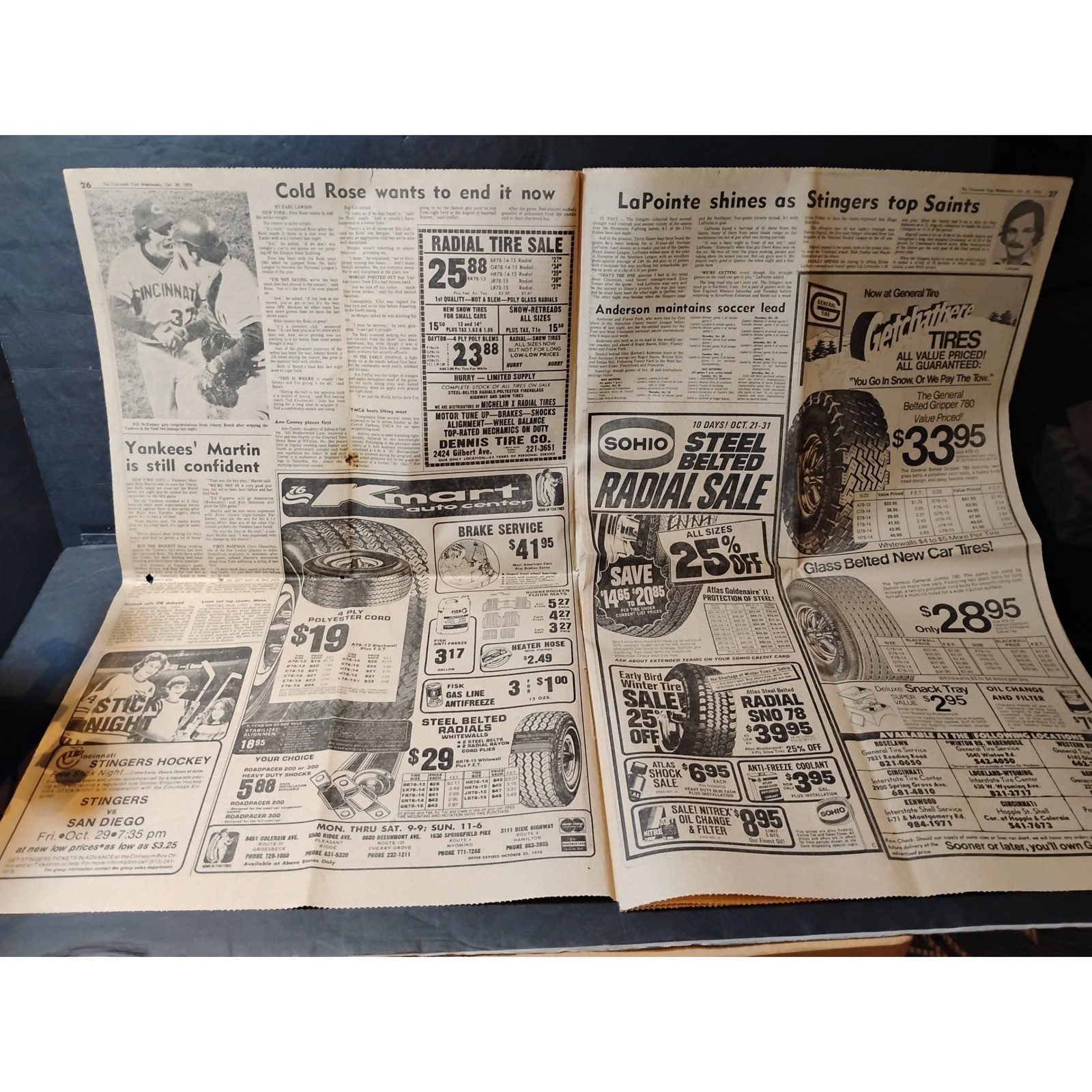 VTG Cincinnati Post Sport Section Reds Yankees Series Rose Driesen 76 Stocks Ads